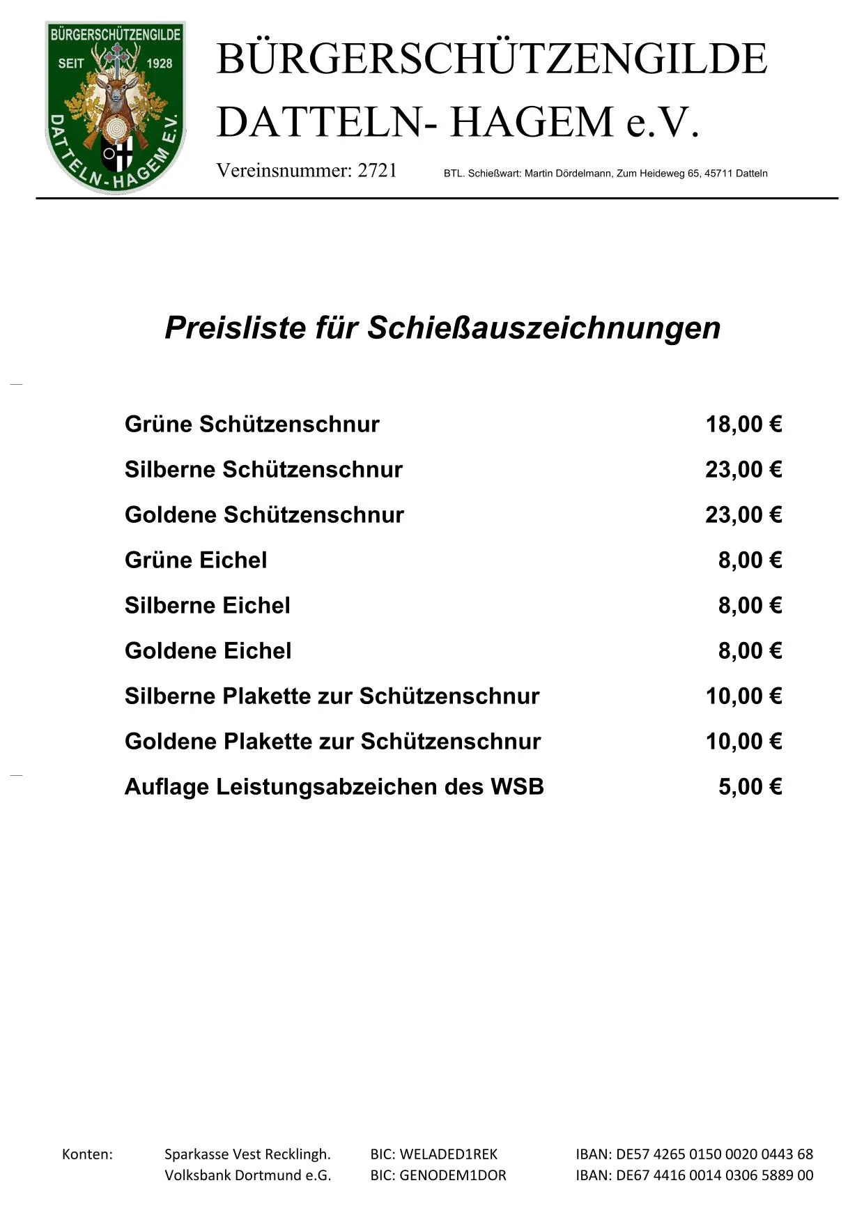 Preisliste Schießauszeichnungen
